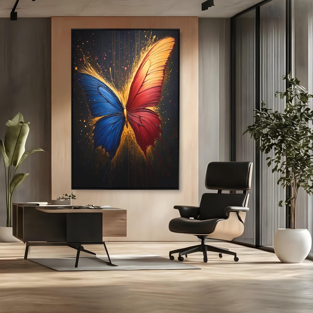 Tablou canvas cu tablou canvas cu fluture colorat, in rama de aluminiu negru, pe perete intr-un birou